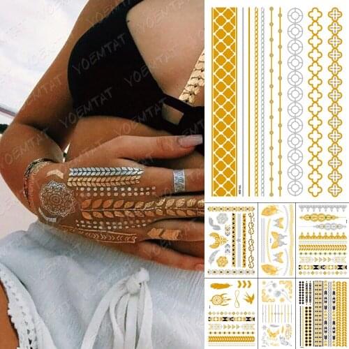 Waterproof Temporary Tattoo Sticker Chain bracelet Gold Silver Metallic Flash Tatoo Boho Party Henna Jewelry Glitter Body Art