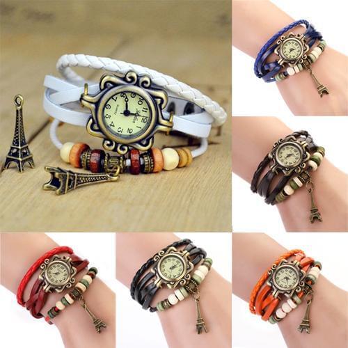 Women Vintage Eiffel Tower Multilayer Braided Faux Leather Bracelet Wrist Watch zegarki damskie New Vintage
