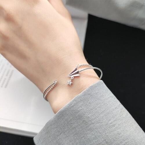 Paper Airplane Small Bead Zircon Silver Color Cuff Bangles Bracelets For Women Girls Trendy Dainty Jewelry Gifts SL2256