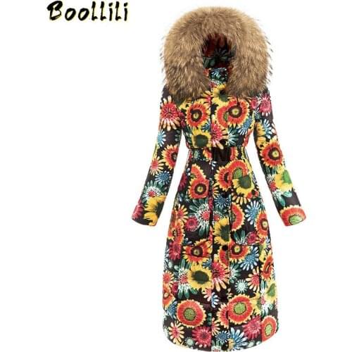 Boollili Womens Down Jacket Long Winter Coat Big Raccoon Fur Collar Flower Korean Down Coats Puffer Warm Luxury Jacket