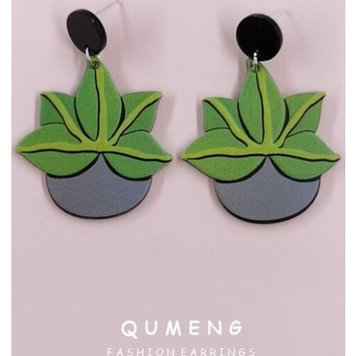 QUMENG 2021 Original Statement Natural Plant Potted Leaves Printed Acrylic Pendant Earrings Cute Girl Party Fashion Accessories