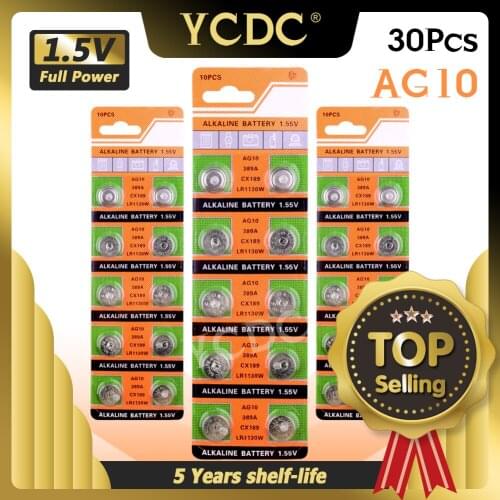30x LR1130 AG10 V10GA Cell Battery Watch Button Coin 189 389 390 LR54 Battery 30Pcs AG10 G10A SR1130 LR1130 390A D189 Alkaline