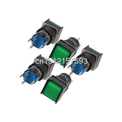 5 Pcs Green Square Cap DC 12V Light 1P2T 5 Pins Push Button Switch