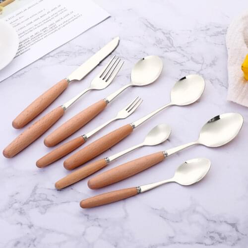 5 Type Wooden Handle Stainless Steel Meal Knife Fork Spoon Tableware Set European-Style Cutlery Tableware Breakfast Lunch Dinner