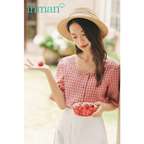 INMAN Summer Sweet Tops French Elegant Vintage Square Collar Shivering Contrast Color Cotton and Linen Short Sleeve Plaid Blouse