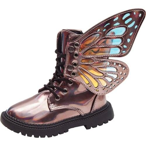 Children Short Boots Girls Martin boots British Vogue New Non-slip Autumn Winter Wind Princess Butterfly Wings Leather Boots