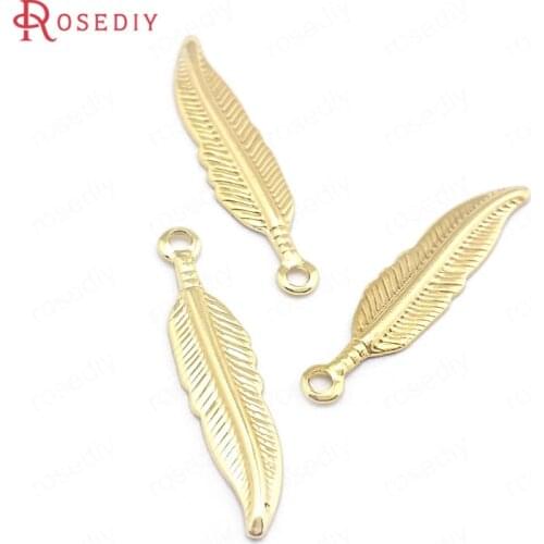 40386)10PCS 20.5x4.55MM 24K Gold Color Brass Feather Charms Pendants Jewelry Making Supplies Diy Findings Accessories