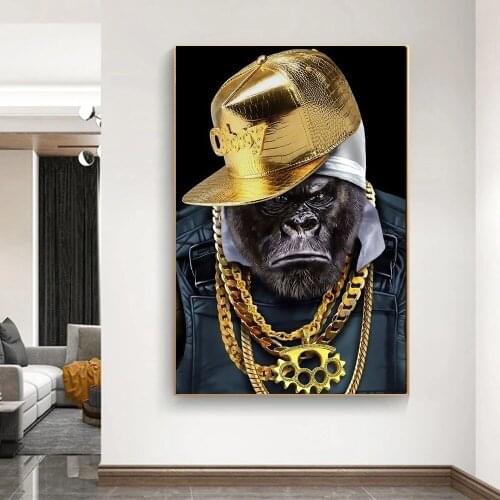 Gorilla Wearing A Gold Necklace Canvas Posters And Prints Funny Animal Pictures For Living Room Decoration Home Decor No Frame