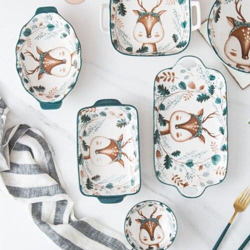 Colorful Elk Dinner Plate Under-glazed Ceramic Dinner Plate Dishes Dessert Tray Cute Plates Dinnerware Microwave Safe