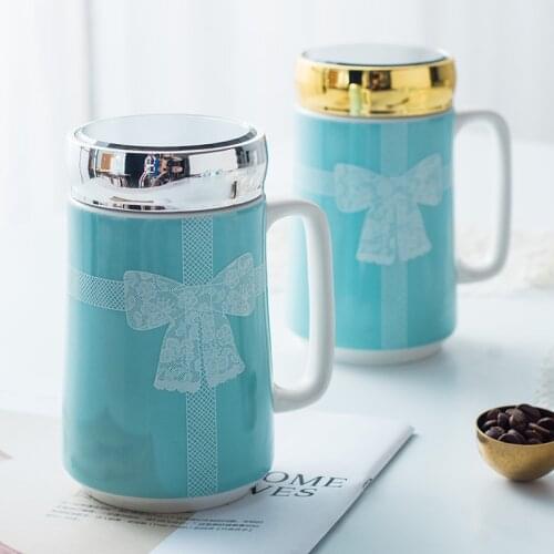 Ceramic Tea Mugs Creative With lid Breakfast Milk Cup Drinkware Kitchen Drinking Utensils Wedding Gifts Blue Lace Bow Type
