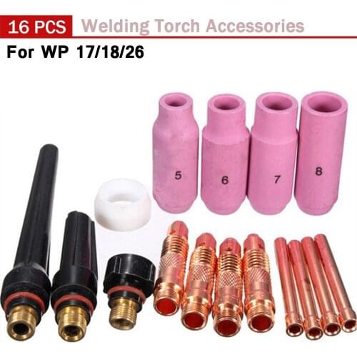 16Pcs TIG Welding Torch Alumina Ceramic Cups Collet Bodies Back Cap for WP17 WP18 WP26 TIG Welding Consumables Accessories
