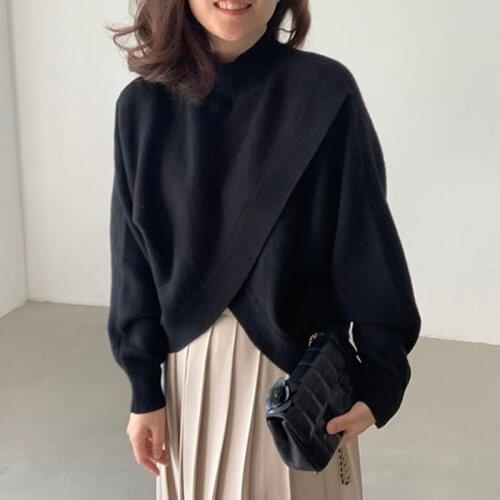 Korea Chic Retro Wild Stand Collar Pullover Loose Irregular Cross Slit Skin-Friendly Long-Sleeved Sweater Sweater