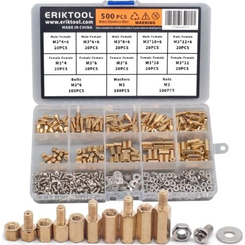 500Pcs M3 Hex Brass Standoff Spacer Set Flat Head Copper Female to Male Spacing Screws Nuts for PCB Motherboard DIY Repair Kit