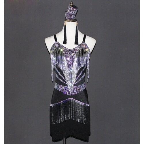 High Quality Diamond Tassel Dress Women Latin Dance Competition Dress Adult/Kids Latin Dance Stage Performance Clothing