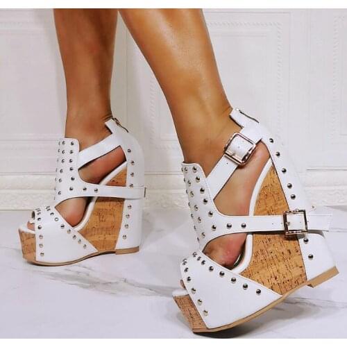 Fashion Women Rivets Studded Metal Buckle Fasten Super Wedge Sandals Ultra Platform Gladiator Shoes Peep Toe Wedges High Heels