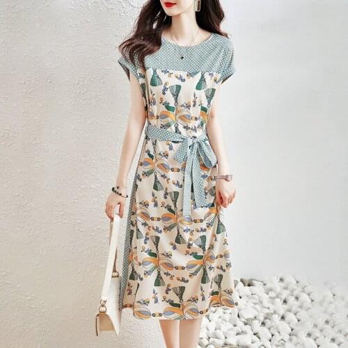 Chiffon dress womens 2021 summer new print vintage dress with thin waist Ruffles Sheath Tank O-Neck plus size