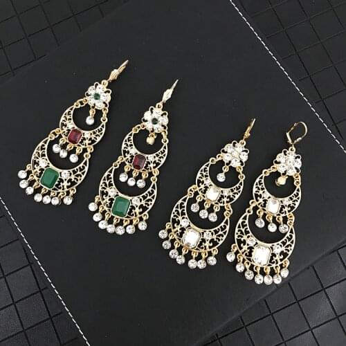 Vintage luxury full crystal earrings bohemia style womens metal earrings elegant ethnic bridal drop jewelry