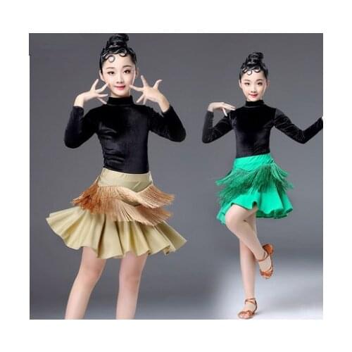 New Girls Latin Dance Skirt Ballroom Salsa Tango Skirts Kid Child Velvet tassel Latin Dance Split Dress With Leotard And Skirt