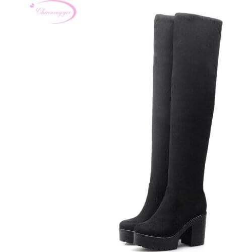 Chainingyee comfortable soft sweet autumn over knee high boots platform black blue brown high-heeled women riding boots