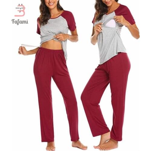 Breastfeeding Maternity Pajama Set Women Baseball Nursing Sleepwear Long Pants Hospital PJ Sets Double Layer Short Sleeve Tops