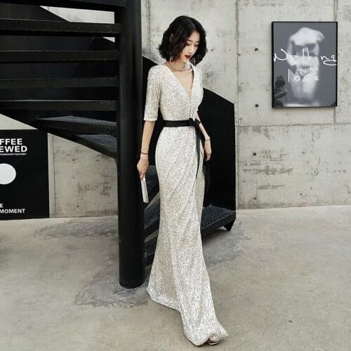 Womens Dresses New Arrival Bodycon Dress V Neck Maxi Long Dresses Ladies High Waist Vestidos Shiny Robe Femme Ete 2020 AA5298