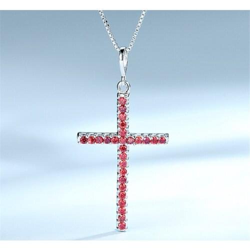 DY 925 Sterling Silver Necklace Clear Nano Ruby Cubic Zirconia Cross Shape Pendant With Chain Necklace For Women Classic Jewelry