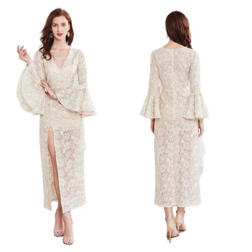 Mesh split dress long sleeve womens new V-neck sexy lotus leaf edge long sleeve light ripe Wind dress
