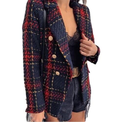 Fashion Ladies Woolen Coat Double Breasted Tweed Blended Wool Plaid Blazer Jacket Tops Spring Autumn Womens Coat Outerwear