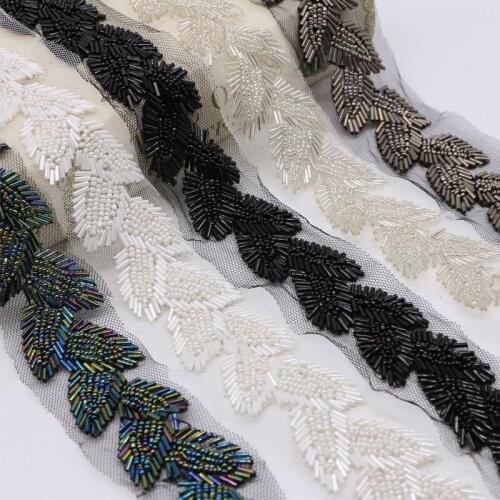 2yds Black Gold Pearl Beaded Leaf Lace Trims Mesh Fabric Lace Ribbon Tape Weding Dress Collar Headdress Lace Applique DIY Crafts