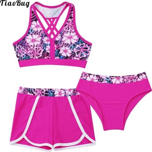 TiaoBug Summer 3Pcs Kids Girls Swimsuit Swimwear Print V Neck Sleeveless Open Back Crop Tops With Briefs And Shorts Bikini Set