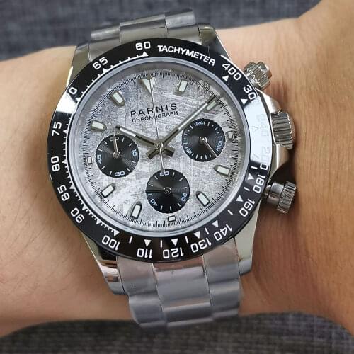 39mm Parnis Quartz Watch For Men Ceramic Bezel Insert Sapphire Glass Full Chronograph Gray Dial Steel Bracelet Luxury Polished