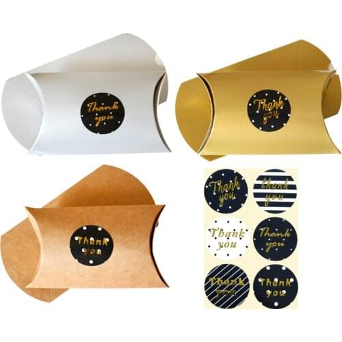 6sets Gold Silver Kraft Gift Box Pillow Shape Candy Boxes Wedding Party Favor Bag DIY Gift Packaging Box with Thank You Stickers