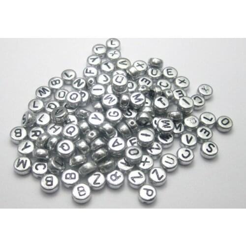 250 Assorted Silver Metallic Acrylic Alphabet Letter Coin Beads 4X7mm