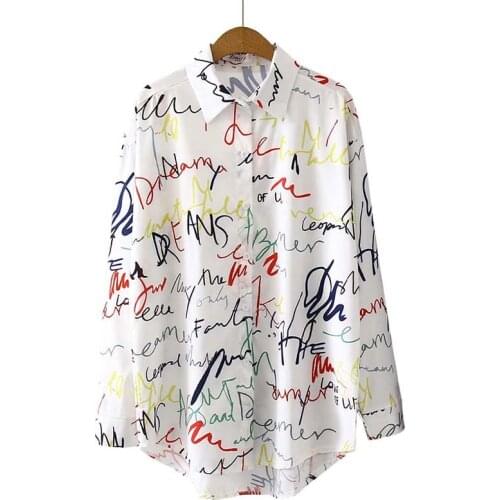 Graffiti Print Blouse Women Summer Turn Down Collar Long Sleeve Plus Size Office Elegant Ladies Shirts Casual Tops And Blouses