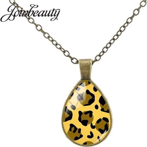 JOINBEAUTY Leopard Texture Sex Goddess Tear Drop Necklace Simple Water Drop Glass Dome Pendant Handmade Jewelry Accessories TX30