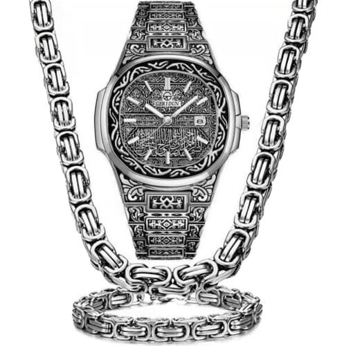 Necklace+Watch+Bracelet Never Fade Hip Hop Luxury Stainless Steel 8mm Imperial Chain Gold Watches Men Jewelry Vintage Watch Set