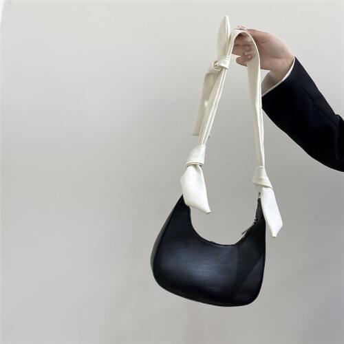 Fashion PU Leather Ladies Half-moon Bag Solid Color Women Wide Strap Female Single Shoulder Crossbody Bags Women Bowknot Handbag