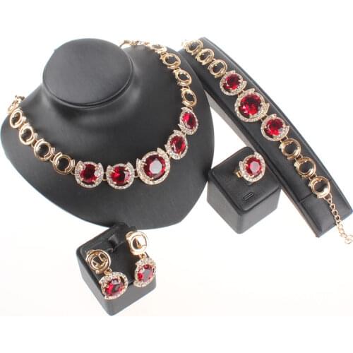 Gold Color Bridal Gem Crystal Jewelry Sets Statement Necklace Bracelet Ring Earring Set Of Fashion Jewelry Women Accessories