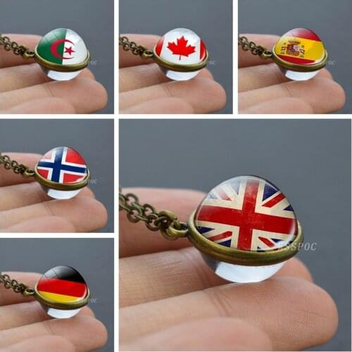 National Flag Double Sided Glass Ball Necklace Spain Norway Canada Germany Flag Jewelry Charm Sphere Unisex Accessories