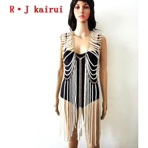 New Style RJPE02 Fashion Women Gold Color Chains Layers Imitation Pearls Beads Short Dress Neck Body Costume Chains Jewelry
