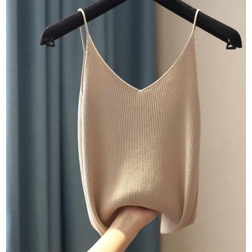 Slim-Fit Ice Silk Knitted Straps Camisole Tanks Woman New Spaghetti Strap V-neck Top Basic Tops Tank Top Cropped Nancylim