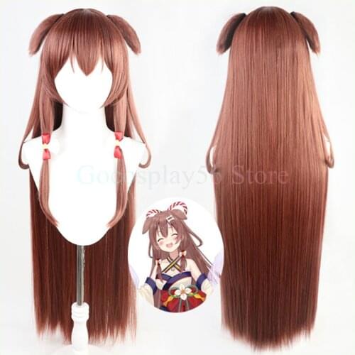 VTuber Inugami Korone Cosplay Wig Ears Hololive Gamers Girl 100cm Long Straight Brown Holo no Graffiti Doggo Synthetic Hair