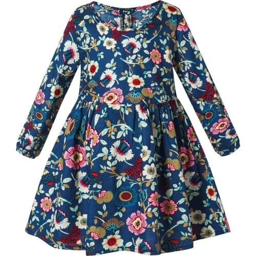 Printed long-sleeved girls dress spring summer new cotton long-sleeved childrens clothing floral kids 2-8 baby clothes