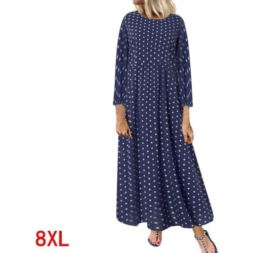 Plus size 4XL 5XL 7XL 8XL bust 130 large size womens dress autumn and winter round neck long sleeve loose wave point blue robe