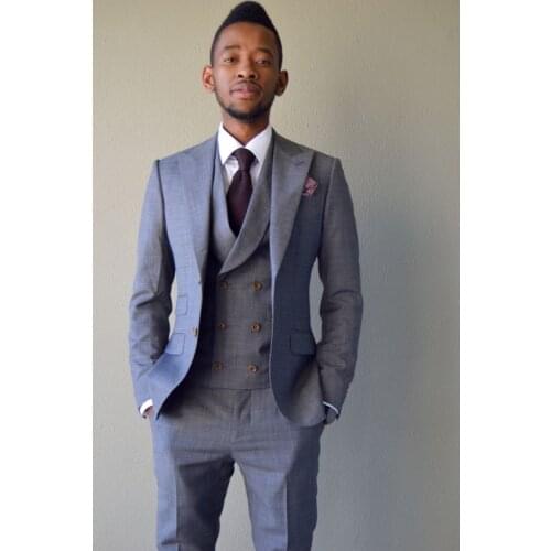 Latest Coat Pant Designs Grey Double Breasted Men Suit Slim Fit 3 Piece Tuxedo Custom Prom Suits Groom Blazer Terno Masculino E3