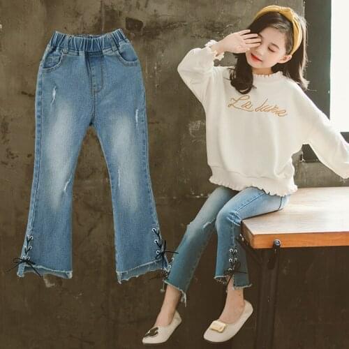 Casual Wash Distressed Hole Kids Girl Jeans Kids Spring Autumn Children Denim Pants Baby Girls Bell-bottomed Pants 4-13T