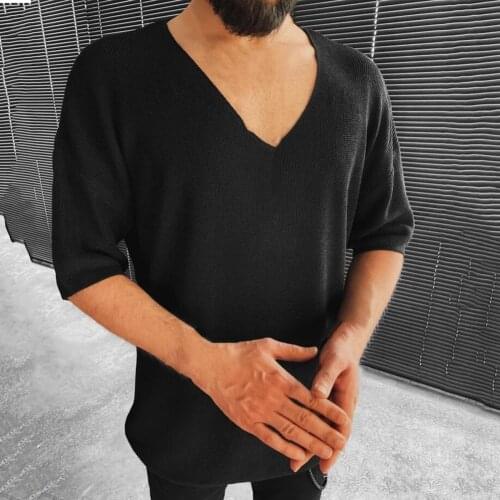 Men Shirts V Neck Casual Solid Color Streetwear Half Sleeve Simple Fall Shirt New Fashion Loose Sweater Elastic Autumn