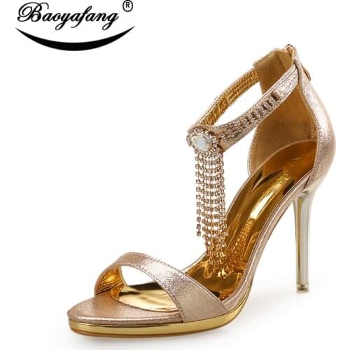 BaoYaFang 2018 New Arrival Summer Sandals Women Ladies Golden Metal Heel crystal Tassels Fashion shoes woman 10.5cm Thin Heel