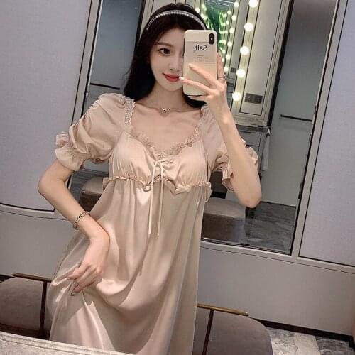 Sexy V-Neck Summer Nightgown Womens Puff Sleeve Sleepwear Lovely Ruffles Home Dress Satin Long Nightdress Sweet Bow Pyjamas