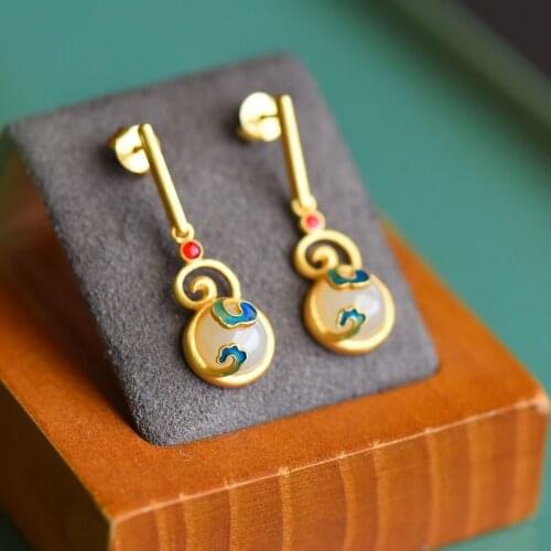 Silver original new ancient gold craftsmanship inlaid Hetian jade gourd exquisite and elegant charm ladies earrings